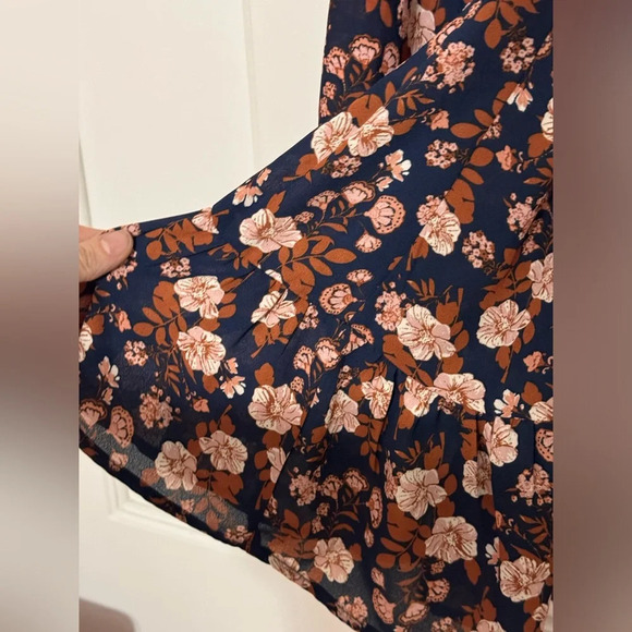 Francesca's Alya Brelynn Ruffle Wrap Dress Navy Blue Pink Floral Flowy - Picture 3 of 7